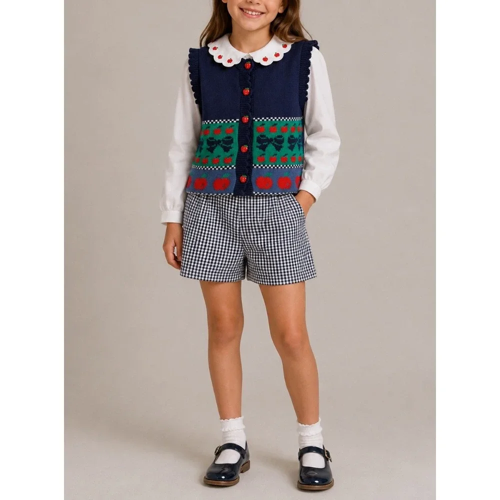 NEW Vtg Hartstrings Girl Navy Apple Knit Vest Blouse Gingham Skirt 3 Pc Set Sz 8